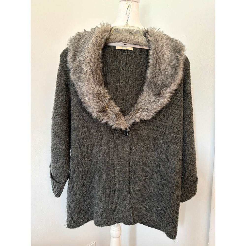 Sejour Charcoal Gray Wool Mohair Blend Cardigan Faux Fur Collar Womens 1X